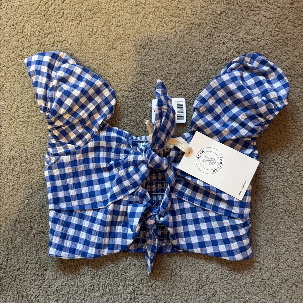 NWT Urban Outfitters Blue Gingham Puff Sleeve Tie-Front Crop Top Women’s Small